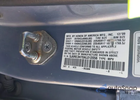 2010 Honda Cr-V Ex-L from USA, damaged, VIN 5J6RE3H70AL012056